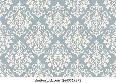 Elegant damask pattern in soft teal and cream, seamless vintage baroque floral wallpaper design perfect for textile prints, interior decor, packaging, backgrounds, and fabric applications.