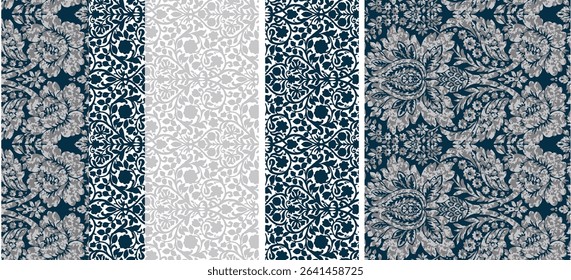Elegant Damask Patterned Fabric Design with Three Color Variations
