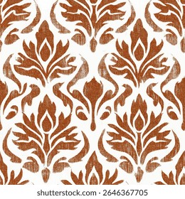 Elegant damask in a rust color on a white background, on linen fabric print pattern, cotton, silk, vector illustration, doodle summer, kids and baby designs for print fabric.
