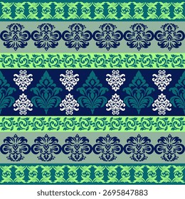 Elegant Damask and Scrollwork Seamless Pattern in Green and Blue Tones