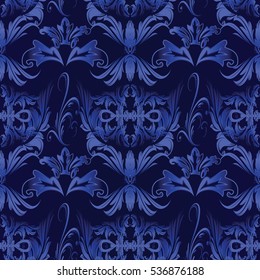 Elegant damask seamless pattern. Baroque wallpaper. Floral luxury ornate black background illustration with vintage decorative 3d blue flowers, leaves and antique ornaments.Vector endless rich texture