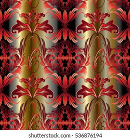 Elegant damask seamless pattern. Baroque wallpaper. Floral luxury ornate gold  background illustration with vintage decorative red 3d flowers, leaves and antique ornaments.Vector endless rich texture.