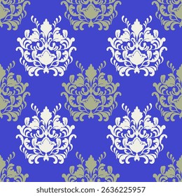 Elegant damask seamless pattern in blue, ivory, and olive tones. Perfect for classic wallpaper, vintage textile, luxury packaging, or ornamental design themes.