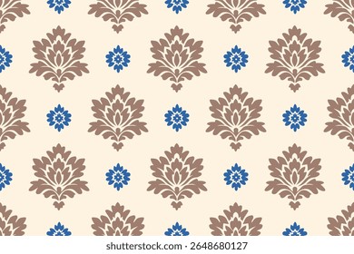 Elegant damask seamless pattern with brown and blue floral motifs on a beige background. Ideal for vintage wallpaper, fabric, and luxury design elements.