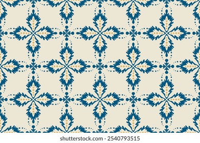 Elegant Damask Seamless Pattern with Decorative Blue and Cream Floral Design, Vintage Ornamental Background, Suitable for Wallpapers, Fabric, Textiles, Packaging, and Gift Wrapping for Holidays.