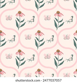 Elegant damask seamless pattern featuring purple coneflowers intertwined with delicate butterflies. Purple echinacea flower ornament. Vector hand drawn illustration.