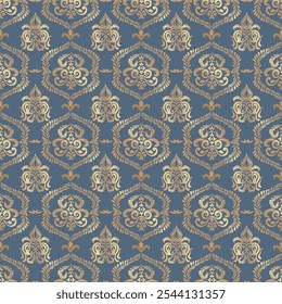 Elegant damask seamless pattern featuring golden ornamental designs on blue background. Perfect for high-end interior design, textile prints, and luxury packaging.