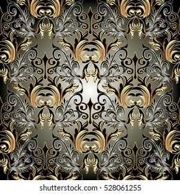 Elegant damask seamless pattern. Floral vector ornate background.Baroque wallpaper pattern. Decorative antique gold 3d ornaments with rich flowers and leaves  .