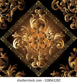 Elegant damask seamless pattern. Floral vector ornate background.Baroque wallpaper pattern. Decorative antique gold 3d flowers leaves and vintage ornaments