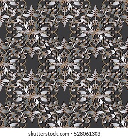 Elegant damask seamless pattern. Floral vector ornate background.Baroque wallpaper pattern. Decorative antique  3d ornaments with flowers and leaves.Luxury flowery texture with shadows and highlights.