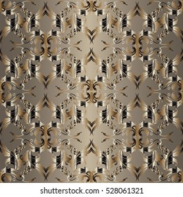 Elegant damask seamless pattern. Floral vector ornate background.Baroque wallpaper. Decorative antique gold 3d ornaments with rich flowers and leaves.Luxury floral texture with shadows and highlights.