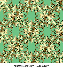 Elegant damask seamless pattern. Floral vector ornate background.Baroque wallpaper. Decorative antique gold 3d ornaments with rich flowers and leaves.Luxury floral texture with shadows and highlights.