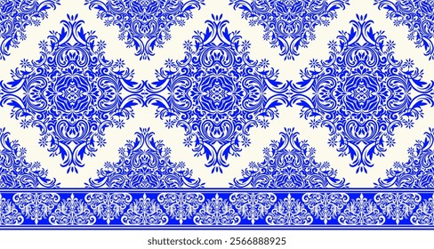 Elegant Damask Seamless Pattern with Intricate Blue Floral Motifs on a Cream Background. Perfect for luxury textiles, wallpapers, and interior design.

