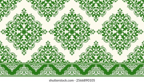 Elegant Damask Seamless Pattern with Intricate Green Floral Motifs on a Cream Background. Perfect for luxury textiles, wallpapers, and interior design.