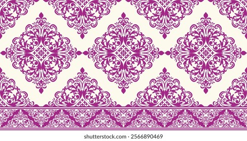 Elegant Damask Seamless Pattern with Intricate Purple Floral Motifs on a Cream Background. Perfect for luxury textiles, wallpapers, and interior design.