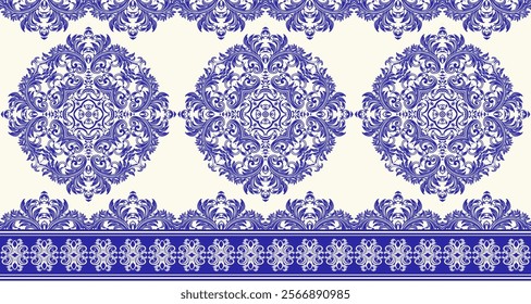 Elegant Damask Seamless Pattern with Intricate Blue Floral Motifs and Circular Medallions on a Cream Background. Perfect for luxury textiles, wallpapers, and interior design.