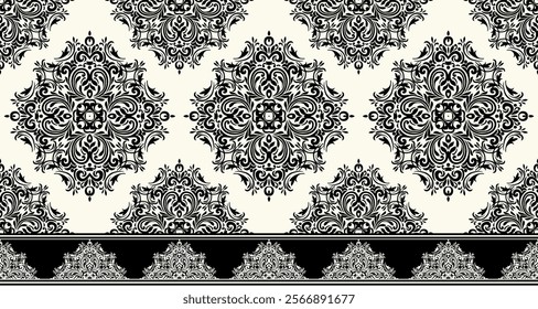 Elegant Damask Seamless Pattern with Intricate Black Floral Motifs on a Cream Background. Perfect for luxury textiles, wallpapers, and interior design.