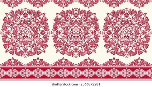 Elegant Damask Seamless Pattern with Intricate Red Floral Motifs and Circular Medallions on a Cream Background. Perfect for luxury textiles, wallpapers, and interior design.