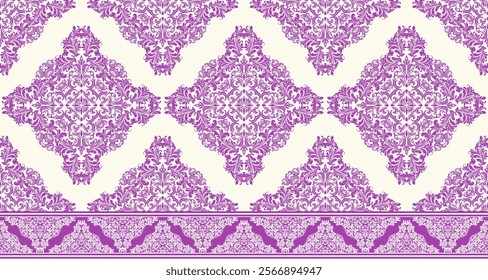 Elegant Damask Seamless Pattern with Intricate Purple Floral Motifs on a Cream Background. Perfect for luxury textiles, wallpapers, and interior design.
