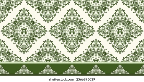 Elegant Damask Seamless Pattern with Intricate Green Floral Motifs on a Cream Background. Perfect for luxury textiles, wallpapers, and interior design.