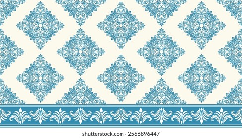 Elegant Damask Seamless Pattern with Intricate Blue Floral Motifs on a Cream Background. Perfect for luxury textiles, wallpapers, and interior design.