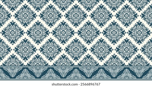 Elegant Damask Seamless Pattern with Intricate Blue Floral Motifs and Diamond Shapes on a Cream Background. Perfect for luxury textiles, wallpapers, and interior design.