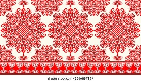 Elegant Damask Seamless Pattern with Intricate Red Floral Motifs on a Cream Background. Perfect for luxury textiles, wallpapers, and interior design.