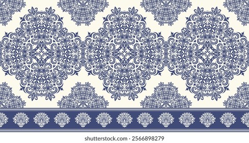 Elegant Damask Seamless Pattern with Intricate Blue Floral Motifs on a Cream Background. Perfect for luxury textiles, wallpapers, and interior design.