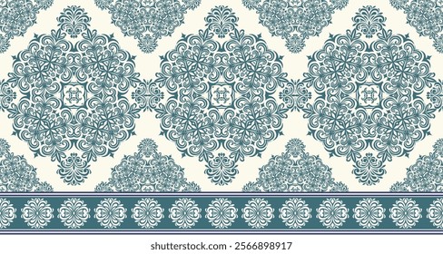 Elegant Damask Seamless Pattern with Intricate Teal Floral Motifs on a Cream Background. Perfect for luxury textiles, wallpapers, and interior design.