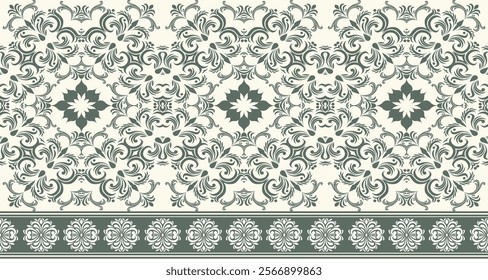 Elegant Damask Seamless Pattern with Intricate Green Floral Motifs on a Cream Background. Perfect for luxury textiles, wallpapers, and interior design.
