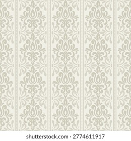 Elegant damask seamless pattern with vertical ornaments in a classic beige damask seamless pattern for luxury hotel wallpaper, elegant textile design, and classic home decor.