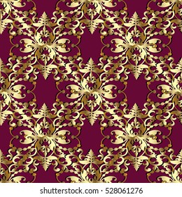 Elegant damask seamless pattern.Floral vector ornate background.Baroque wallpaper pattern.Decorative antique gold 3d ornaments with flowers and leaves.Luxury floral texture with shadows and highlight