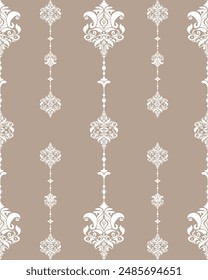 Elegant damask wallpaper seamless pattern with white floral motifs on brown background. Vertical strings of ornate vector repeating pattern for wallpaper interiors or fabric design.