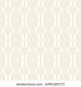 Elegant damask wallpaper seamless pattern with beige ornaments on white background. Vertical strings of ornate vector repeating pattern for wallpaper interiors or fabric design.