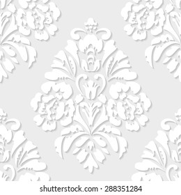 Elegant damask wallpaper. Vintage pattern with 3D elements and shadows. Seamless vector background.