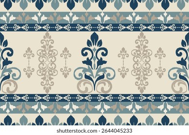 Elegant damask-style textile designs in cream, blue, and soft gray tones. Perfect for wallpaper borders, classic fabric patterns, and luxury decorative projects.
