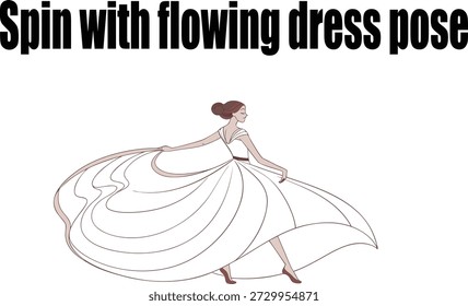 Elegant dance pose capturing a spinning motion with a flowing dress, emphasizing graceful movement, visual fluidity, and artistic expression. Ideal for dance, fashion, performance art, cultural projects, posters, and creative design backgrounds.