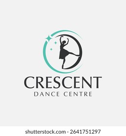 Elegant dance school logo with crescent moon and teen ballerina silhouette for modern identity