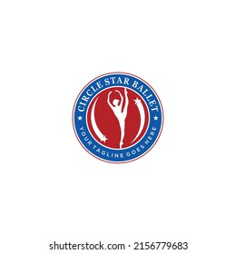 Elegant dance studio circle logo symbol design red white and blue emblem with abstract dancer silhouette customizable text