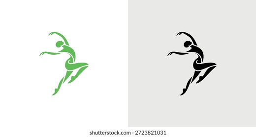 Elegante Tänzersilhouetten, in kontrastierenden grünen und schwarzen Farbschemata präsentiert, zeigen aktive Bewegung.
