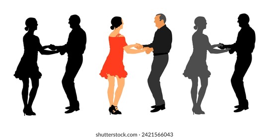 Elegantes bailarinas acompañan la silueta vectorial aislada en fondo blanco. Evento nocturno maduro de tango bailando en salón de baile. Ceremonia de bodas de fiesta. Pareja con folletos de amor y disfruta.