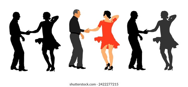 Elegantes bailarinas acompañan la silueta vectorial aislada en fondo blanco. Evento nocturno maduro de tango bailando en salón de baile. Ceremonia de bodas de fiesta. Pareja con folletos de amor y disfruta.