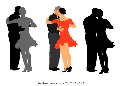 Elegantes bailarinas acompañan la silueta vectorial aislada en fondo blanco. Evento nocturno maduro de tango bailando en salón de baile. Ceremonia de bodas de fiesta. Pareja con folletos de amor y disfruta.