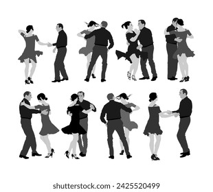 Elegant dancers couple vector silhouette illustration isolated on white background. Mature tango dancing people ballroom night event. Senior party wedding ceremony. Couple in love leafing and enjoy.