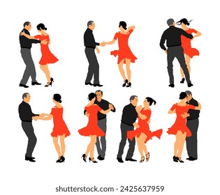 Elegant dancers couple vector silhouette illustration isolated on white background. Mature tango dancing people ballroom night event. Senior party wedding ceremony. Couple in love leafing and enjoy.