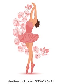 An elegant dancing ballerina in a pink dress and pointe shoes and flying flowers. Illustration, vector	
