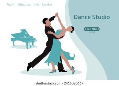 Elegant dancing couple and piano. Web banner, landing page for dance studio. Illustration, vector