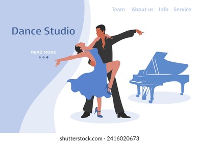 Elegant dancing couple and piano. Web banner, landing page for dance studio. Illustration, vector