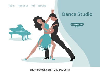 Elegant dancing couple and piano. Web banner, landing page for dance studio. Illustration, vector
