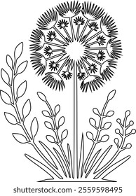 Elegant Dandelion Line Art Vector Illustration Design – Minimalist Floral Artwork for Modern Projects.